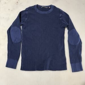 Vince Women’s S Long Sleeve Thermal Waffle-knit Shirt Elbow Patches Navy Blue